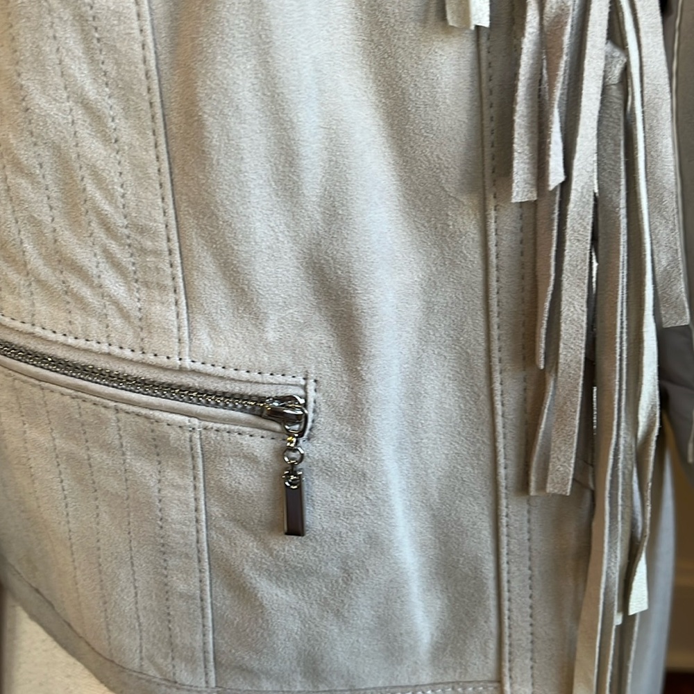 WhiteHouseaBlackMarket Light Gray Genuine Suede Jacket w/Fringe lace up Size L - Picture 10 of 17